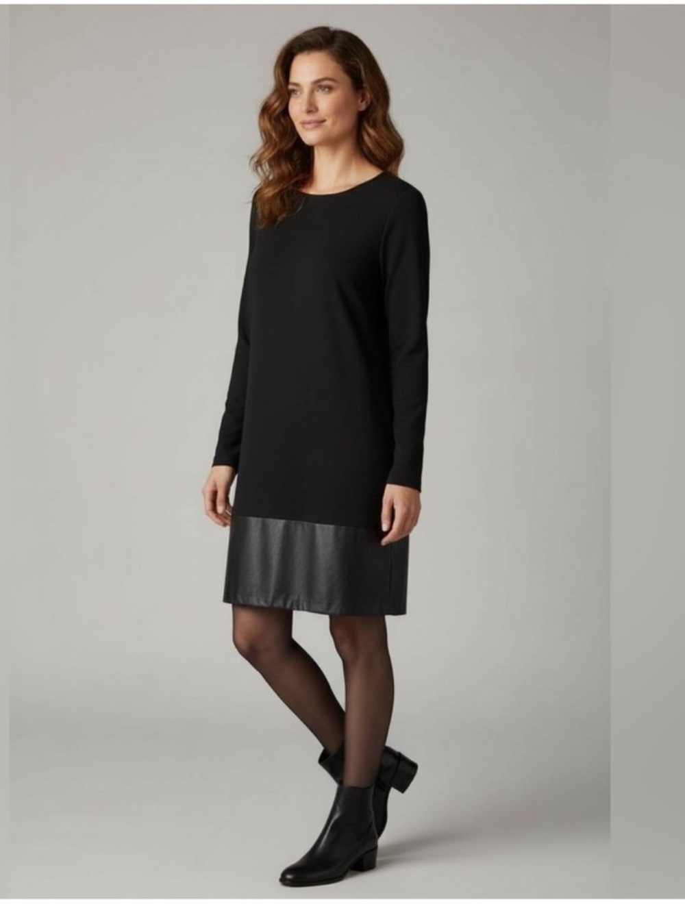 Frank Lyman modern pullover black long sleeve stretch pleather trim dress medium